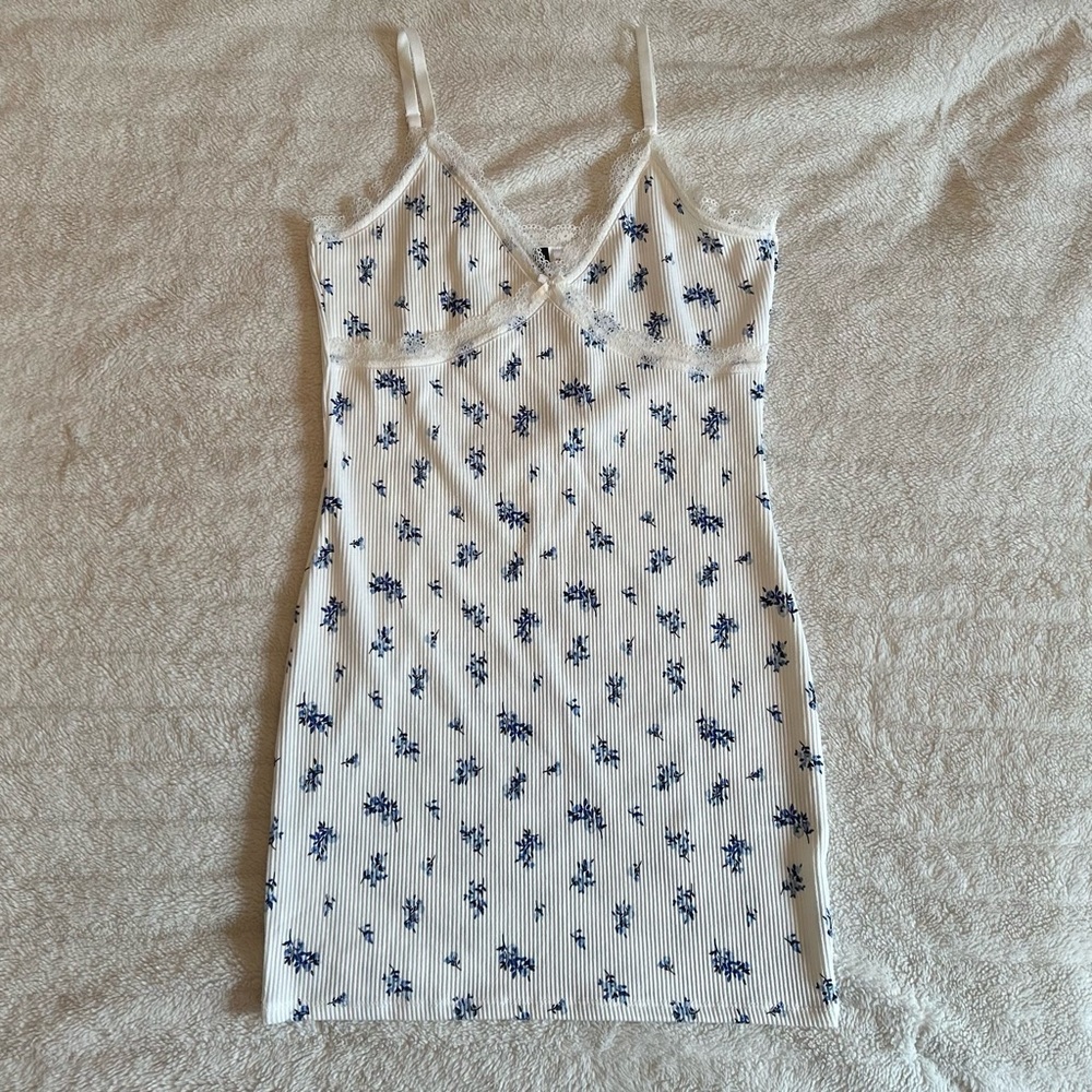 H&M White and Blue Floral Lace Trim Dress